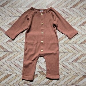 Baby Boy Girl Ribbed Neutral Long Sleeve Front Button Jumpsuit Cotton One Piece